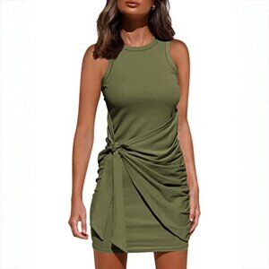 BTFBM / olive dress sleeveless wrap tie waist ruched mini dress S